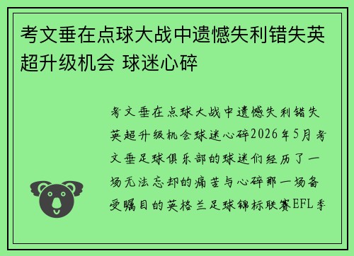 考文垂在点球大战中遗憾失利错失英超升级机会 球迷心碎