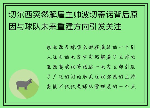 切尔西突然解雇主帅波切蒂诺背后原因与球队未来重建方向引发关注 切尔西突然解雇主帅波切蒂诺背后原因与球队未来重建方向引发关注